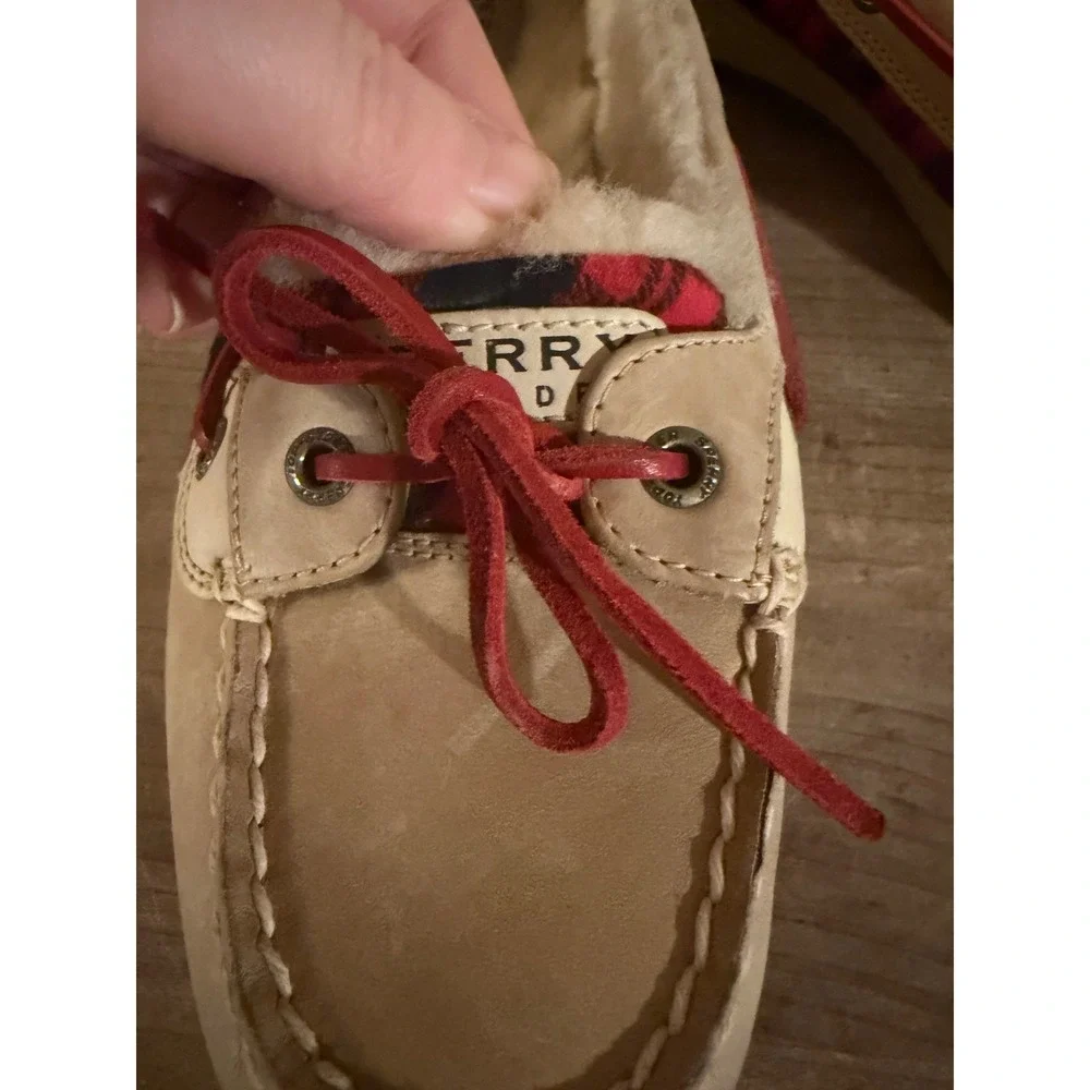 Sperry‎ Top-Sider Womens Boat Shoes Tan Leather Buffalo Plaid Faux Fur Lined 9